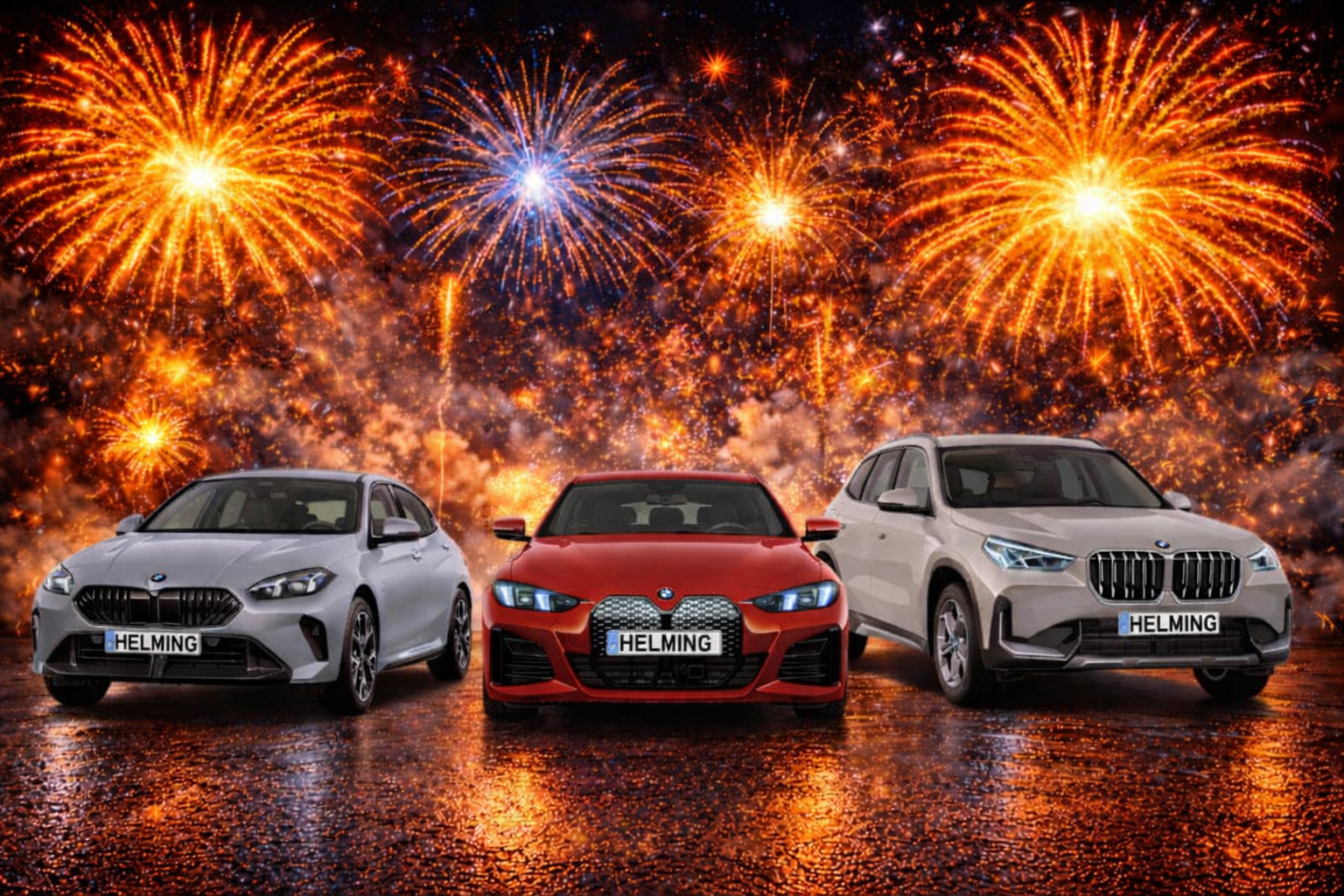 Feuerwerk und davor drei BMW Modelle, die auf Angebote hinweisen