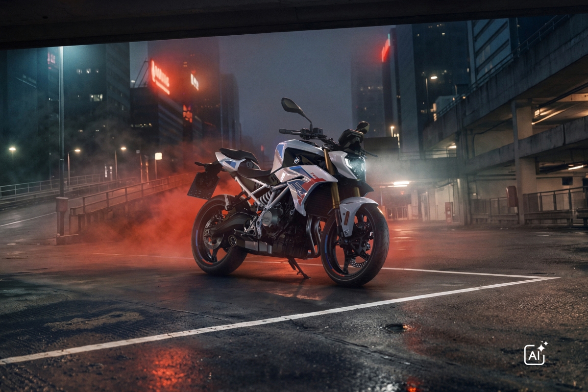 BMW F 450 R in einem urbanen Umfeld bei Nacht.